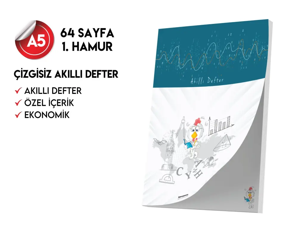 Çizgisiz Not Defteri 64 Sayfa Akıllı Defter Tekli A5 Tam Beyaz Tekli