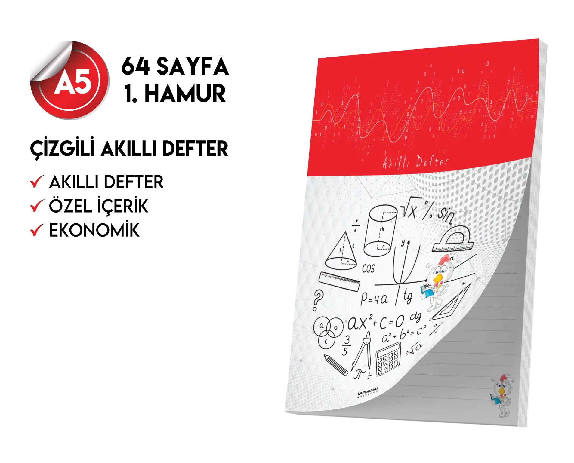 Çizgili Not Defteri 64 Sayfa Akıllı Defter Tekli A5 Tam Beyaz Tekli
