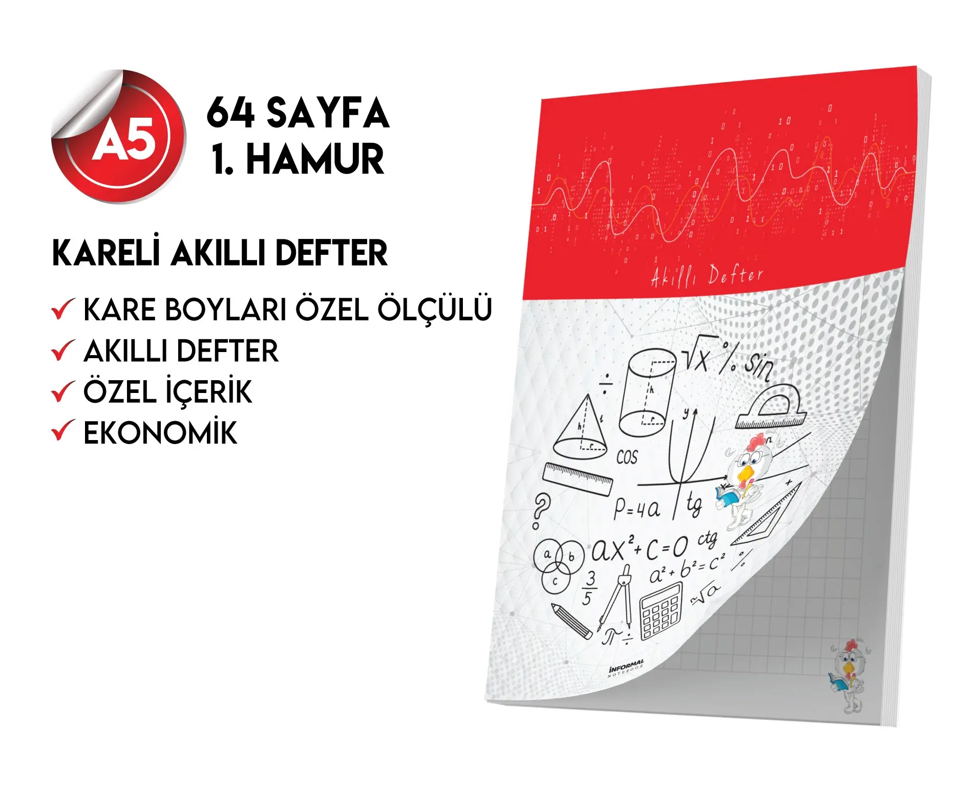 Kareli Not Defteri 64 Sayfa Akıllı Defter Tekli A5 Tam Beyaz Tekli