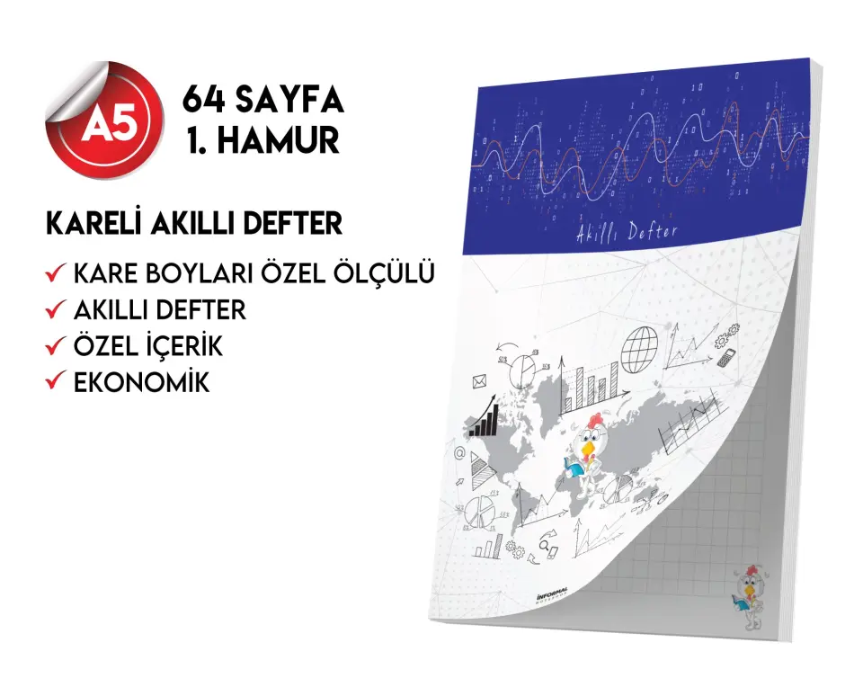 Kareli Not Defteri 64 Sayfa Akıllı Defter Tekli A5 Tam Beyaz Tekli