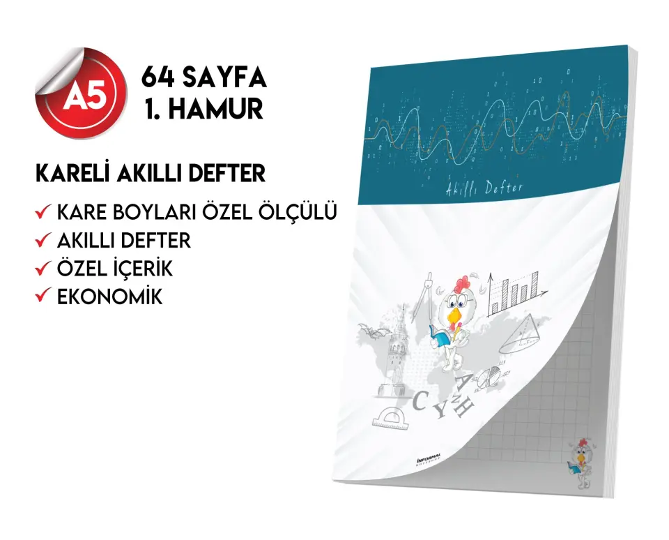 Kareli Not Defteri 64 Sayfa Akıllı Defter Tekli A5 Tam Beyaz Tekli