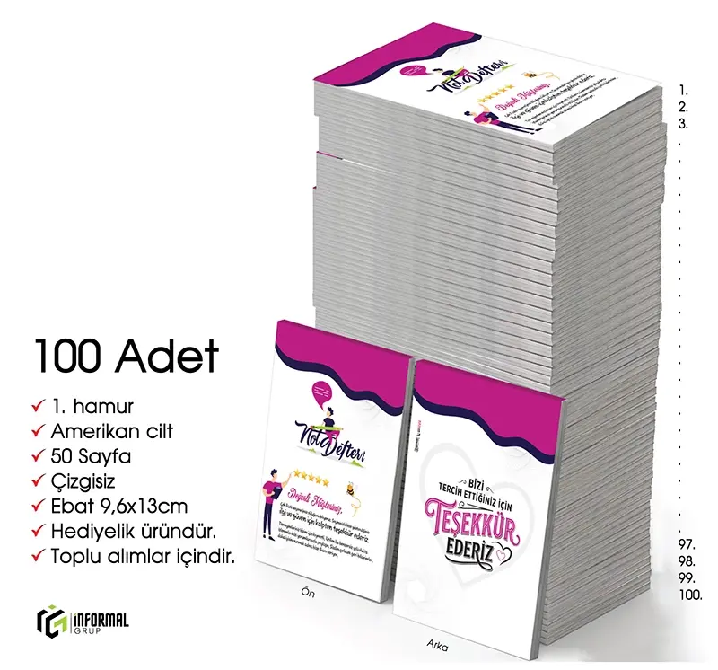 En güzel Hediye İnformal 100 Adet Çizgisiz Mini Not Defteri 9x13 cm 1.Hamur Amerikan Cilt 50 Sayfa