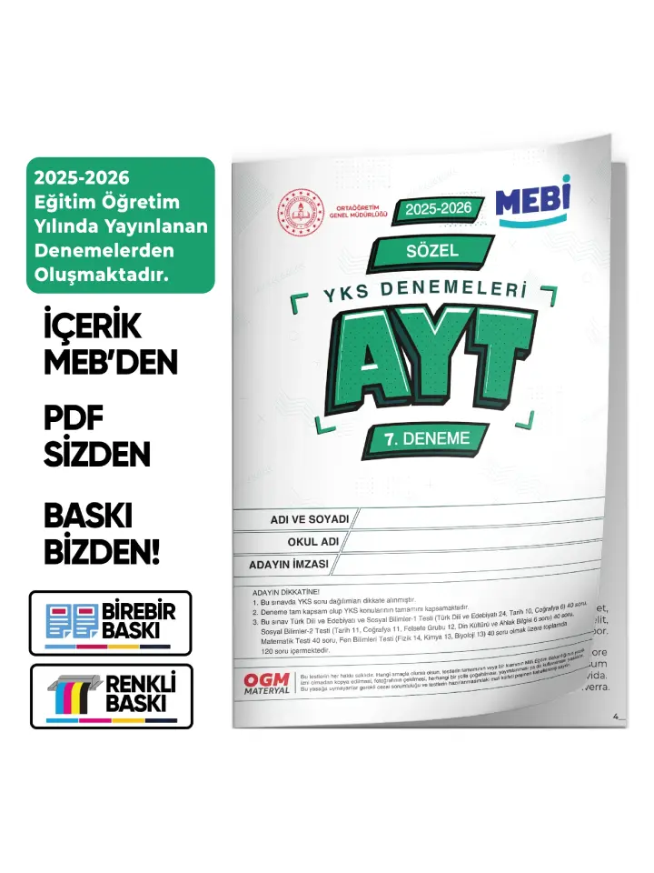 2026 ÖSYM YKS-AYT SÖZEL MEB ONLİNE Türkiye Geneli 7. Deneme Büyük Boy RENKLİ  BASKI ÜCRETİ
