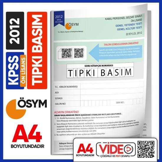 2012 KPSS Önlisans ÖSYM Tıpkı Basım Çıkmış Soru Deneme Kitapçığı (Video Çözümlü Türkiye Geneli)