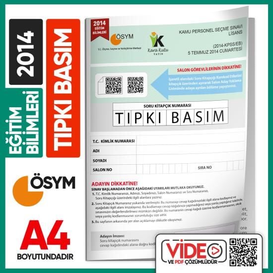 2014 KPSS Eğitim Bilimleri ÖSYM Tıpkı Basım Çıkmış Soru Kitapçığı Video/PDF Çözümlü Türkiye Geneli