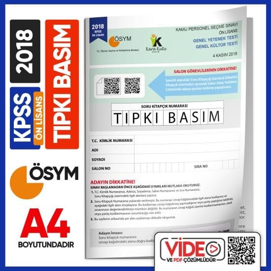 2018 KPSS Önlisans ÖSYM Tıpkı Basım Çıkmış Soru Deneme Kitapçığı Video/PDF Çözümlü Türkiye Geneli