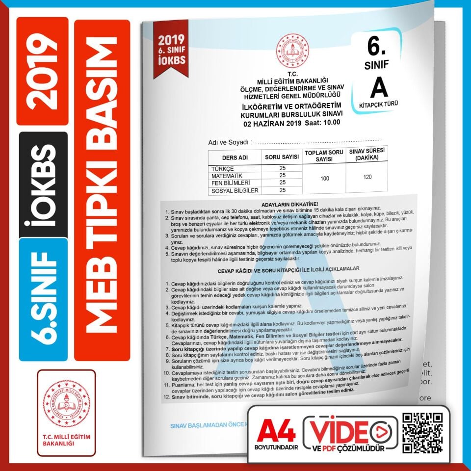 2019 6.Sınıf İOKBS BURSLULUK MEB Tıpkı Basım Çıkmış Soru Kitapçığı Video/PDF Çözümlü Türkiye Geneli