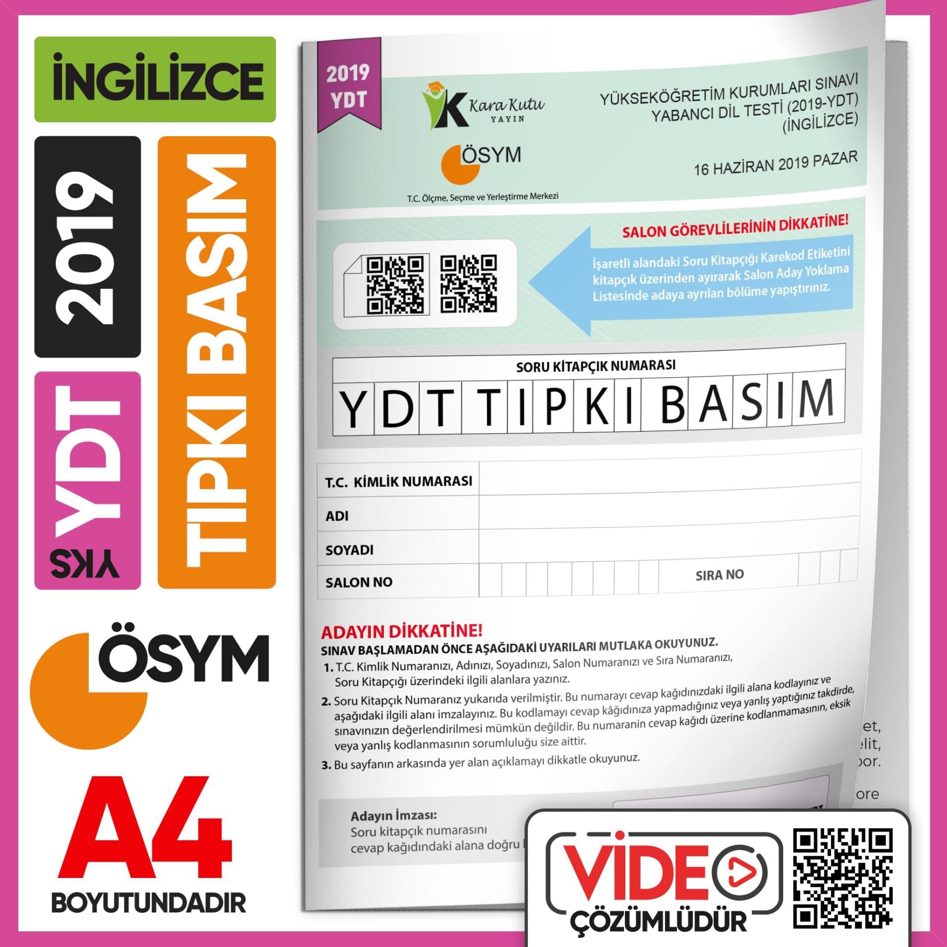 2019 YKS YDT İngilizce ÖSYM Tıpkı Basım Çıkmış Soru Deneme Kitapçığı (Video Çözümlü Türkiye Geneli)