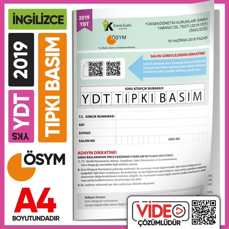 2019 YKS YDT İngilizce ÖSYM Tıpkı Basım Çıkmış Soru Deneme Kitapçığı (Video Çözümlü Türkiye Geneli)