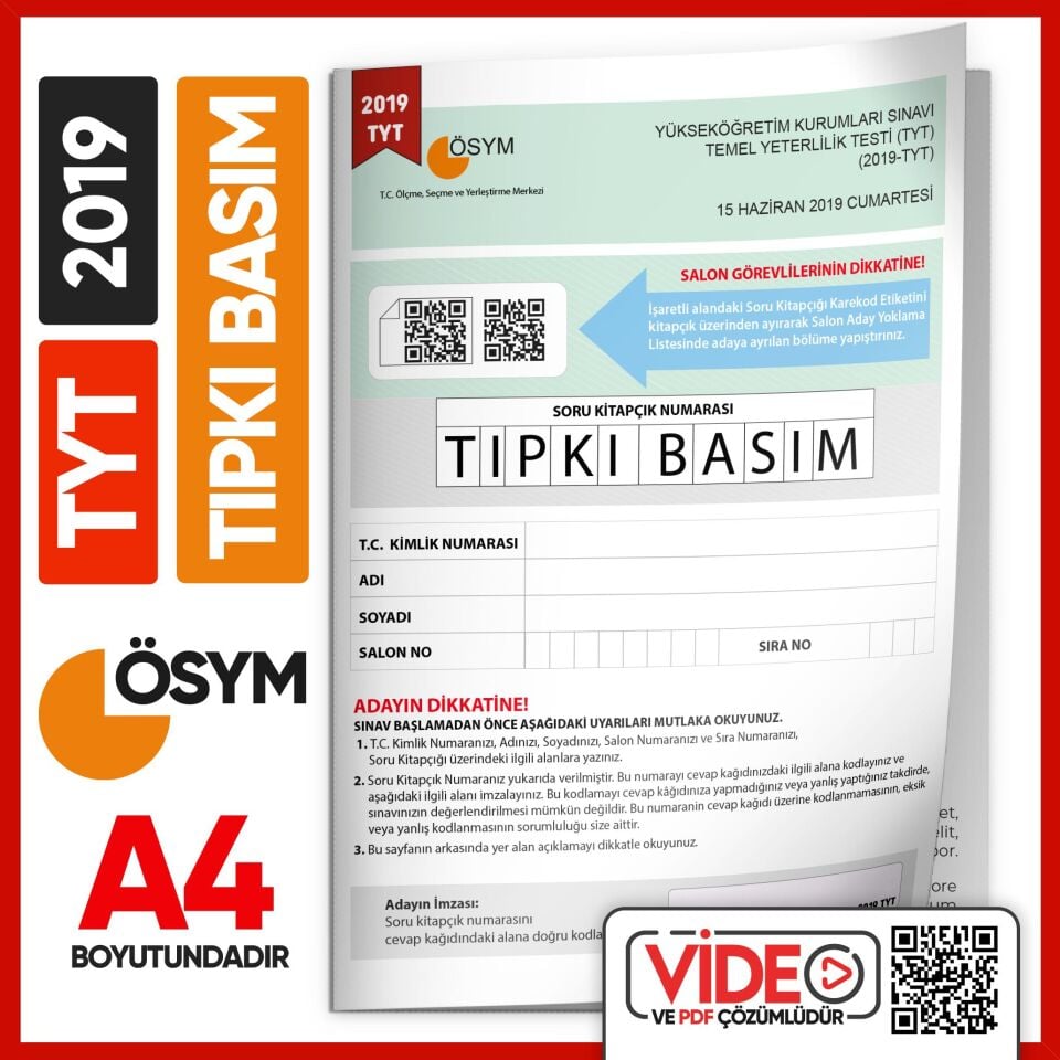 2019 YKS-TYT (SAY-TM-SÖZ) ÖSYM Tıpkı Basım Çıkmış Soru Kitapçığı (Video Çözümlü Türkiye Geneli)