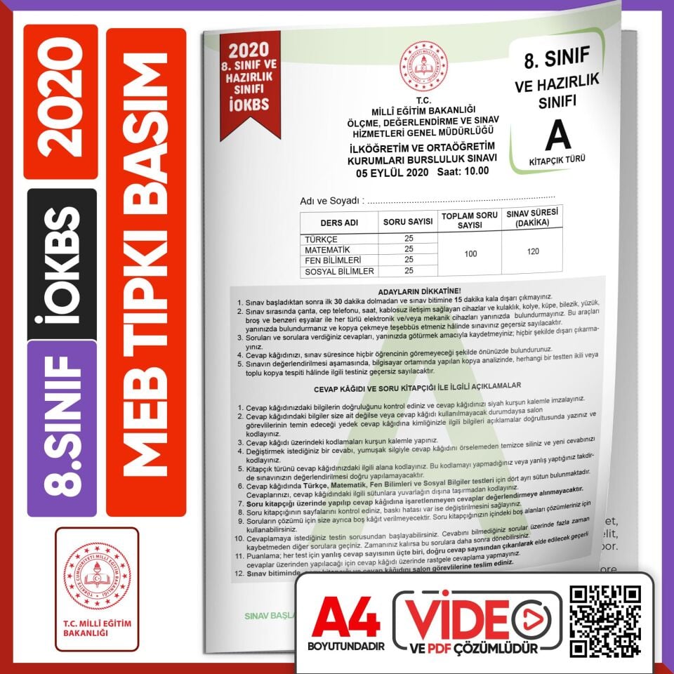 2020 8.Sınıf İOKBS BURSLULUK MEB Tıpkı Basım Çıkmış Soru Kitapçığı Video/PDF Çözümlü Türkiye Geneli