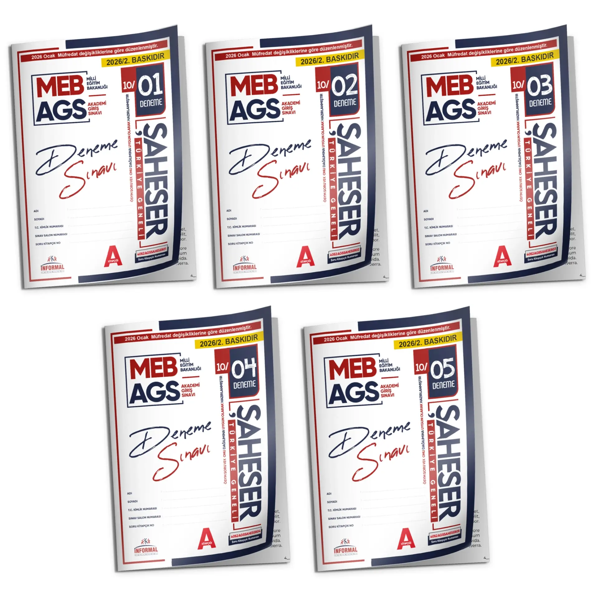 2026 Ocak Müfredatı MEB-AGS ŞAHESER 5 Adet 1-2-3-4-5 nolu KURUMSAL Çözümlü Deneme TG Paketi