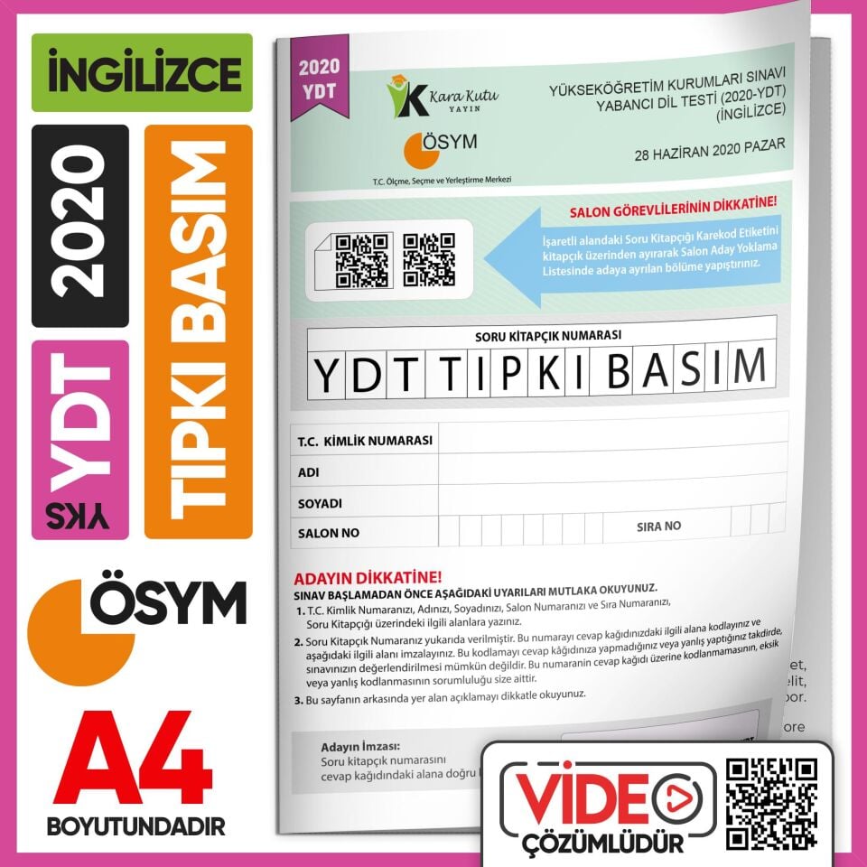 2020 YKS YDT İngilizce ÖSYM Tıpkı Basım Çıkmış Soru Deneme Kitapçığı (Video Çözümlü Türkiye Geneli)