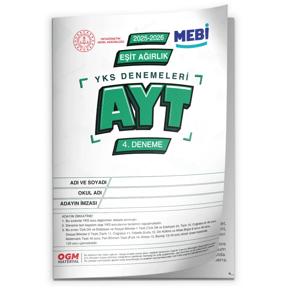 2026 ÖSYM YKS-AYT EŞİT AĞIRLIK MEBİ ONLİNE Türkiye Geneli 4. Deneme Büyük Boy Renkli BASKI ÜCRETİ