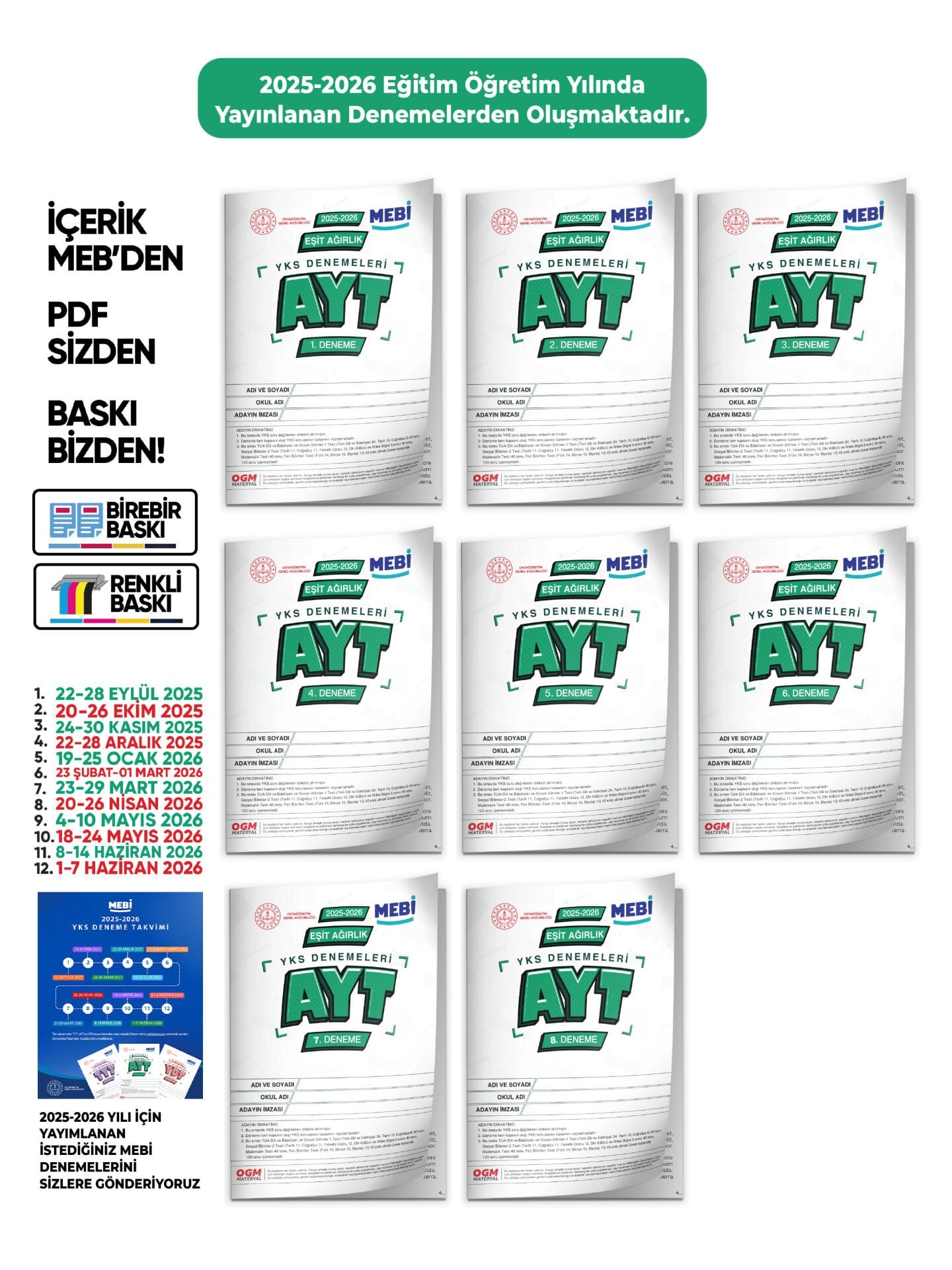 2026 ÖSYM YKS-AYT MEBİ OGM EŞİT AĞIRLIK Deneme Paketi Güncel 8li SET (Seri Deneme) BASKI ÜCRETİ