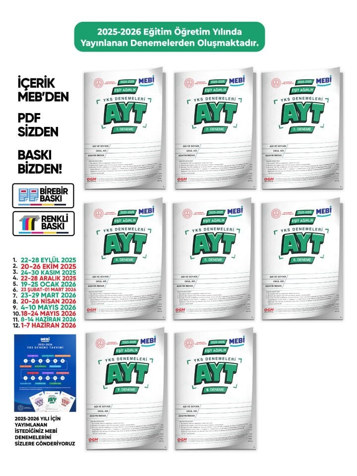 2026 ÖSYM YKS-AYT MEBİ OGM EŞİT AĞIRLIK Deneme Paketi Güncel 8li SET (Seri Deneme) BASKI ÜCRETİ