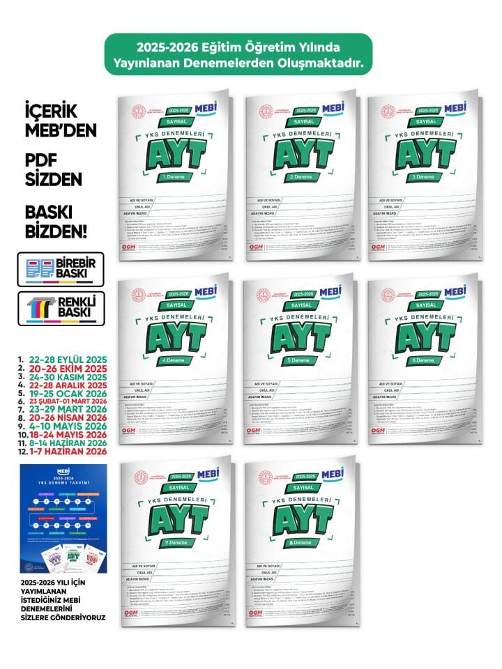 2026 ÖSYM YKS-AYT MEBİ OGM SAYISAL Deneme Paketi Güncel 8li SET (Seri Deneme) BASKI ÜCRETİ