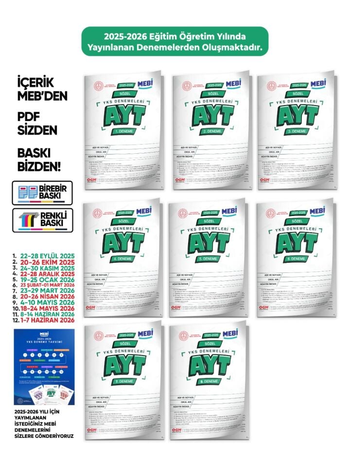 2026 ÖSYM YKS-AYT MEBİ OGM SÖZEL Deneme Paketi Güncel 8lİ SET (Seri Deneme) BASKI ÜCRETİ