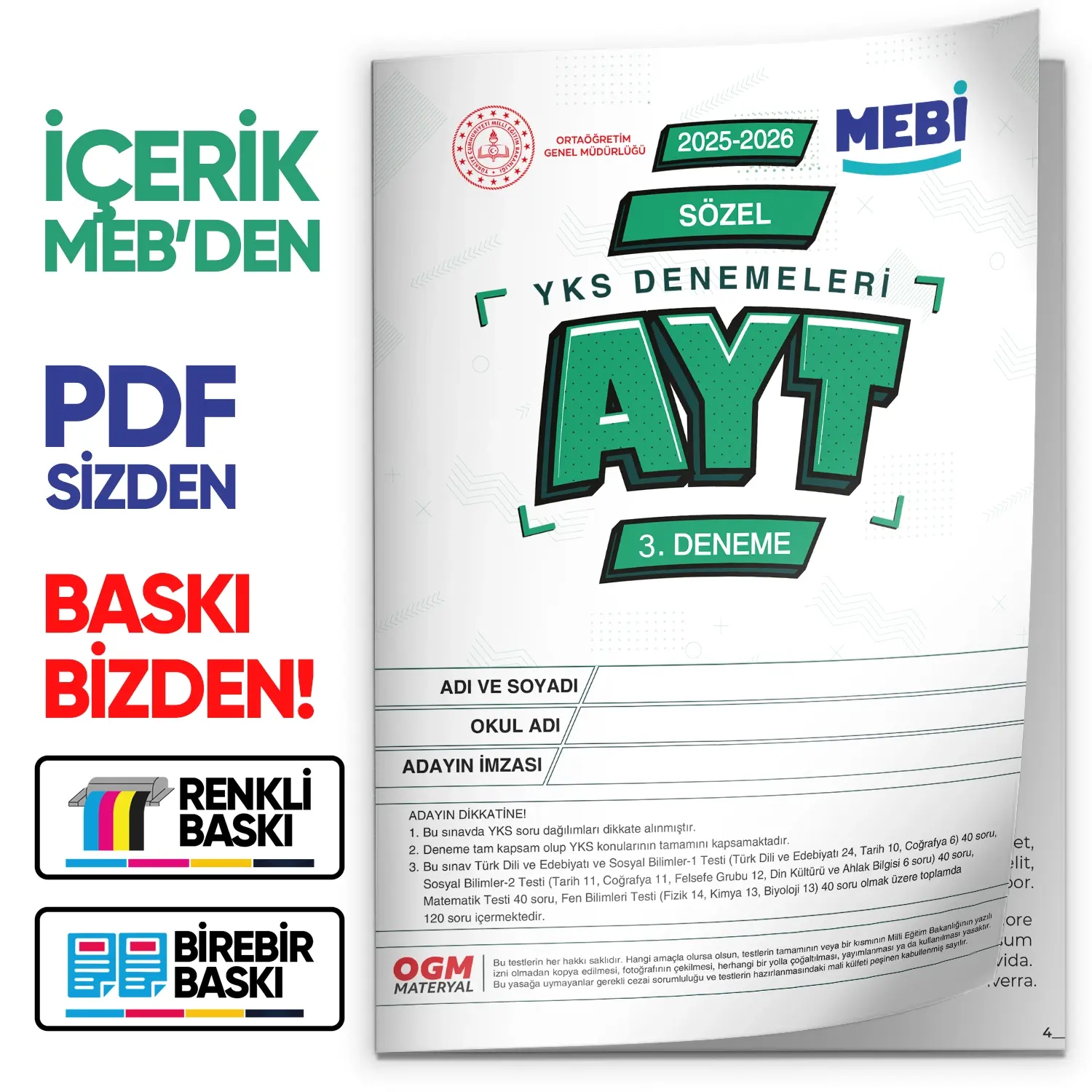 2026 ÖSYM YKS-AYT SÖZEL MEB ONLİNE Türkiye Geneli 3. Deneme Büyük Boy RENKLİ BASKI ÜCRETİ