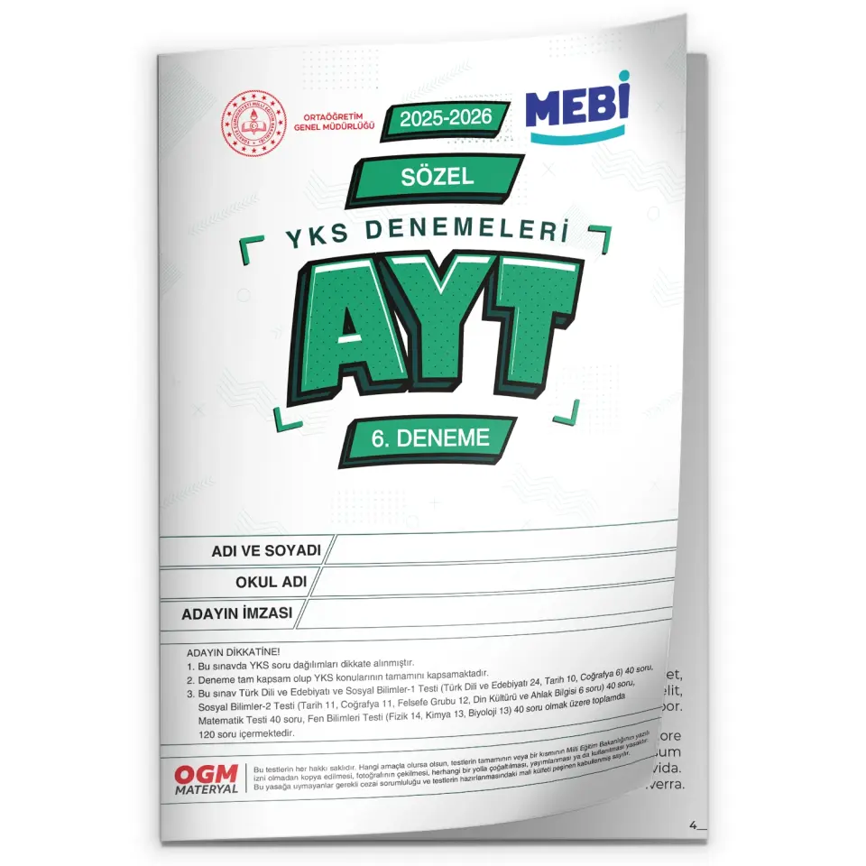 2026 ÖSYM YKS-AYT SÖZEL MEB ONLİNE Türkiye Geneli 6. Deneme Büyük Boy RENKLİ  BASKI ÜCRETİ