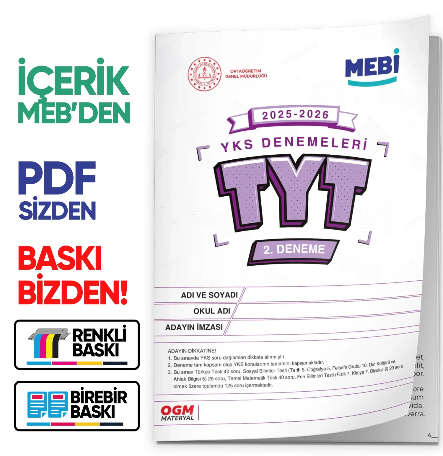 2026 YKS-TYT MEBİ ONLİNE Türkiye Geneli 2. Deneme  Büyük Boy Renkli BASKI ÜCRETİ