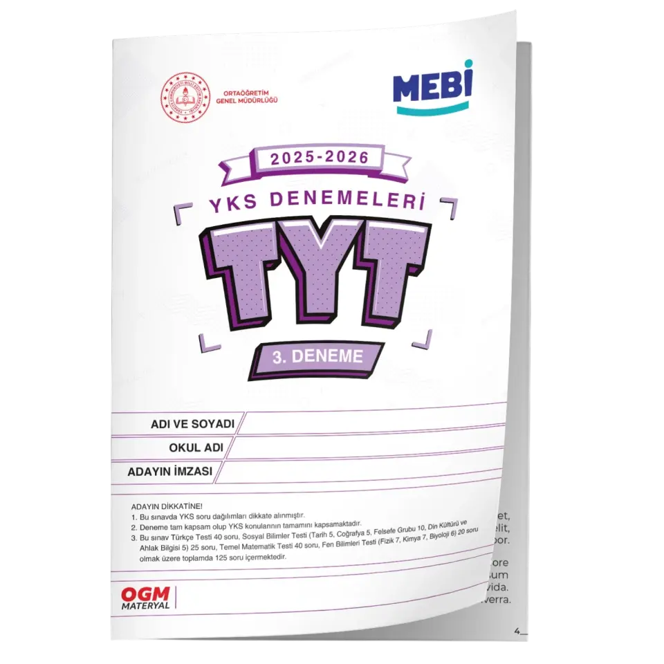 2026 ÖSYM YKS-TYT MEB ONLİNE Türkiye Geneli 3. Deneme Büyük Boy Renkli BASKI ÜCRETİ