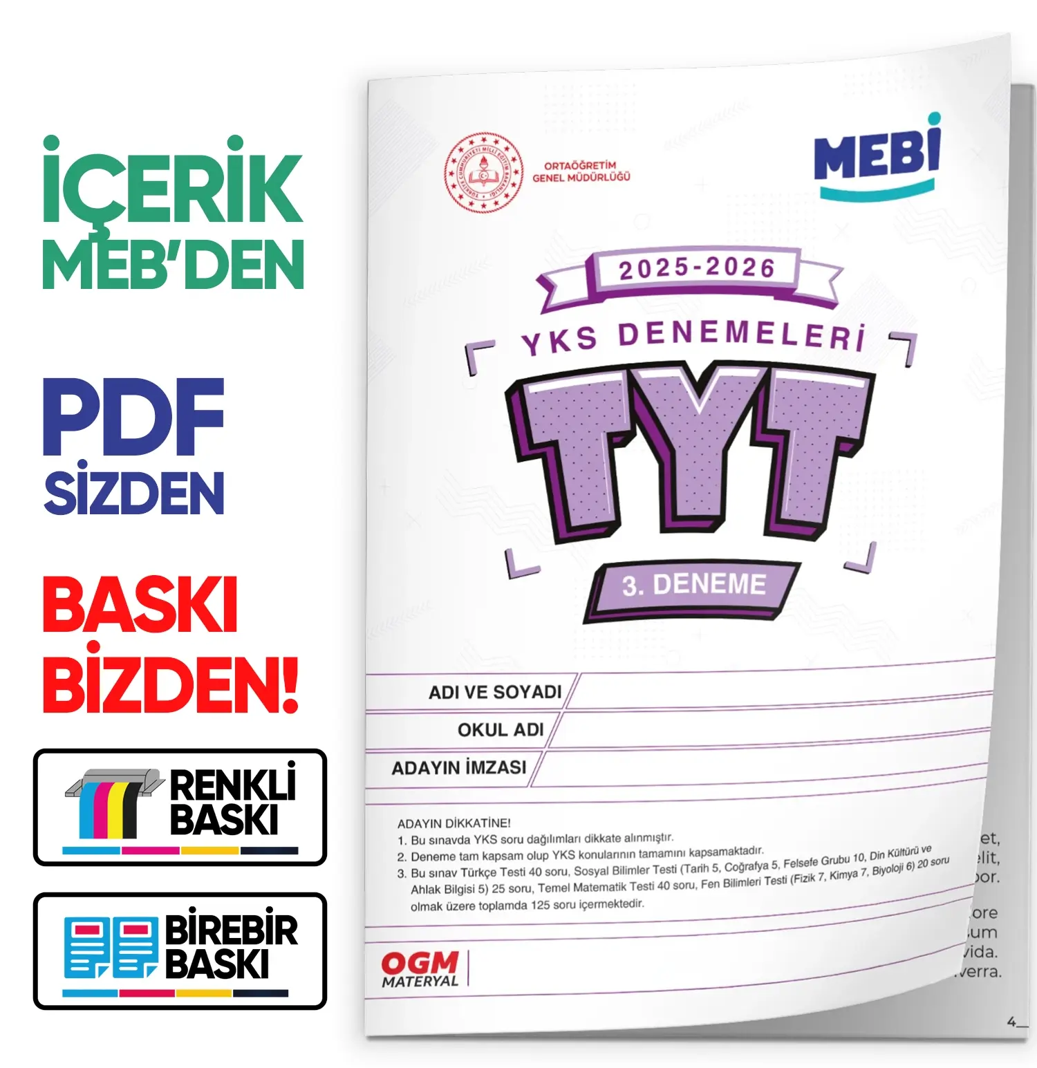 2026 ÖSYM YKS-TYT MEB ONLİNE Türkiye Geneli 3. Deneme Büyük Boy Renkli BASKI ÜCRETİ