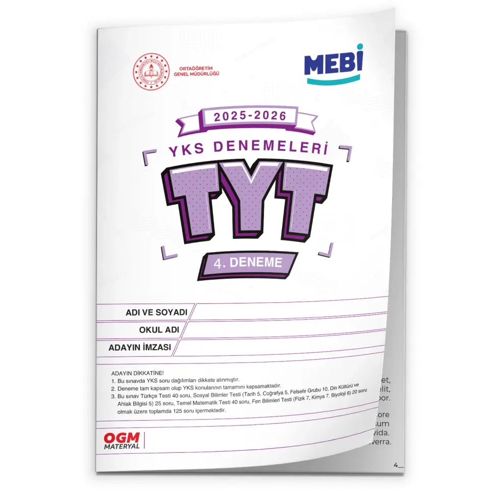 2026 YKS-TYT MEBİ ONLİNE Türkiye Geneli 4. Deneme Büyük Boy Renkli BASKI ÜCRETİ