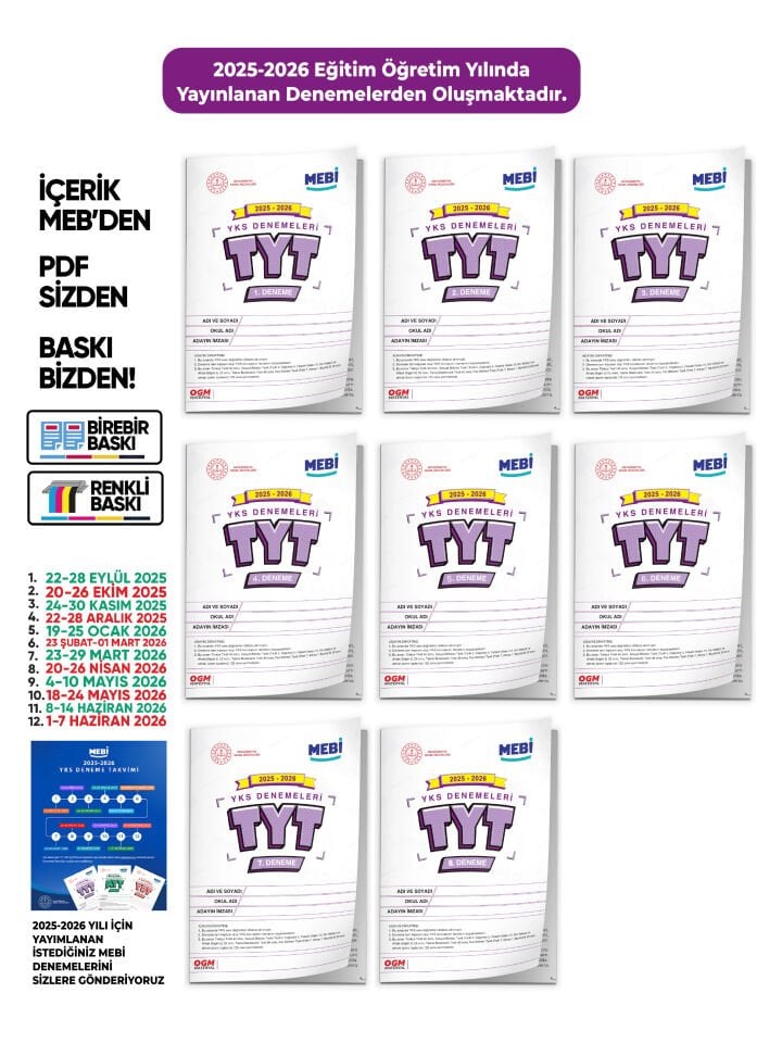 2026 ÖSYM YKS-TYT MEBİ OGM Deneme Paketi Güncel 8lİ SET (Seri Deneme Paketi) BASKI ÜCRETİ