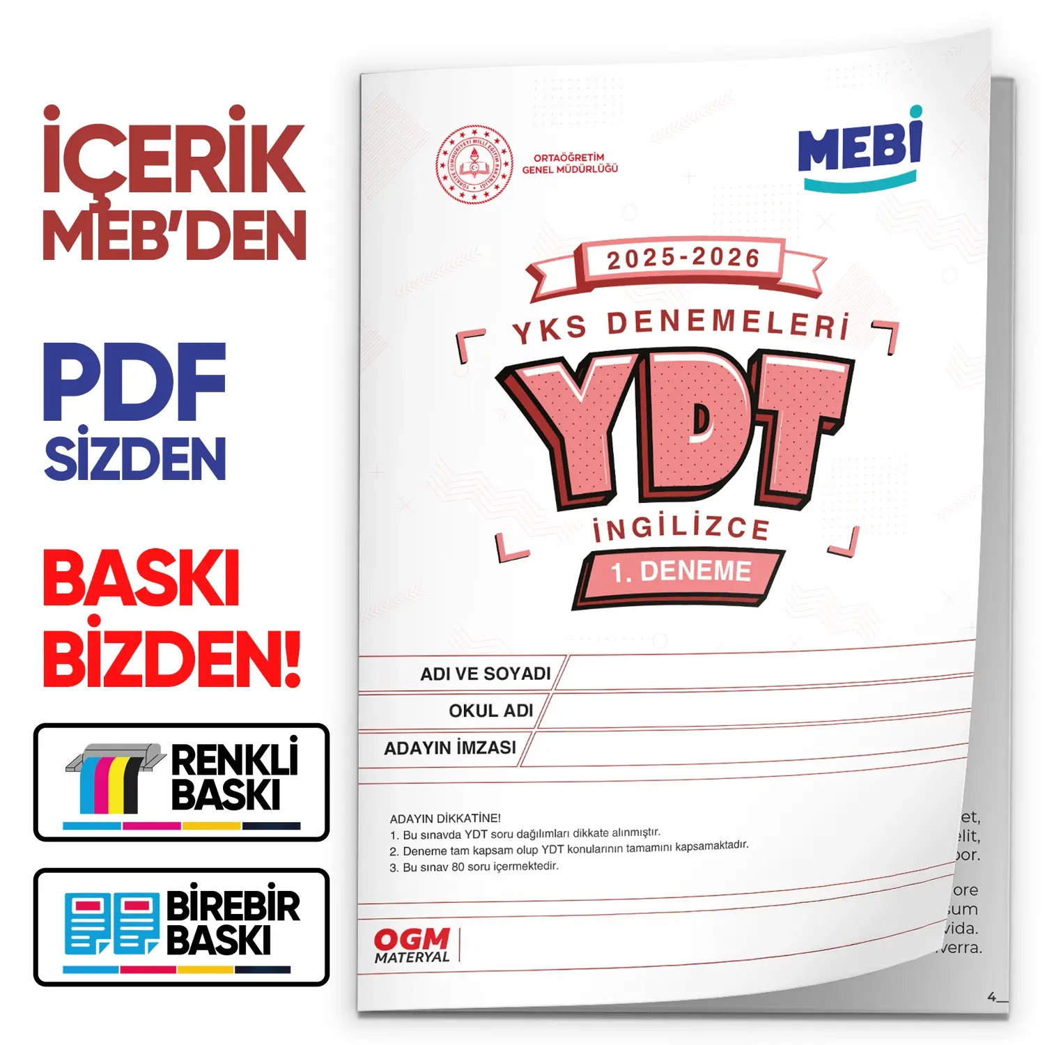 2026 YKS-YDT İNGİLİZCE MEBİ ONLİNE OGM Türkiye Geneli 1. Deneme  Büyük Boy Renkli BASKI ÜCRETİ