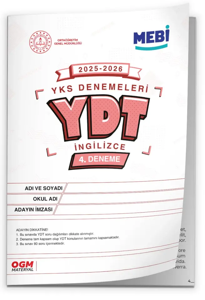 2026 ÖSYM YKS-YDT MEBİ OGM  Türkiye Geneli 4. Deneme  Büyük Boy Renkli BASKI ÜCRETİ