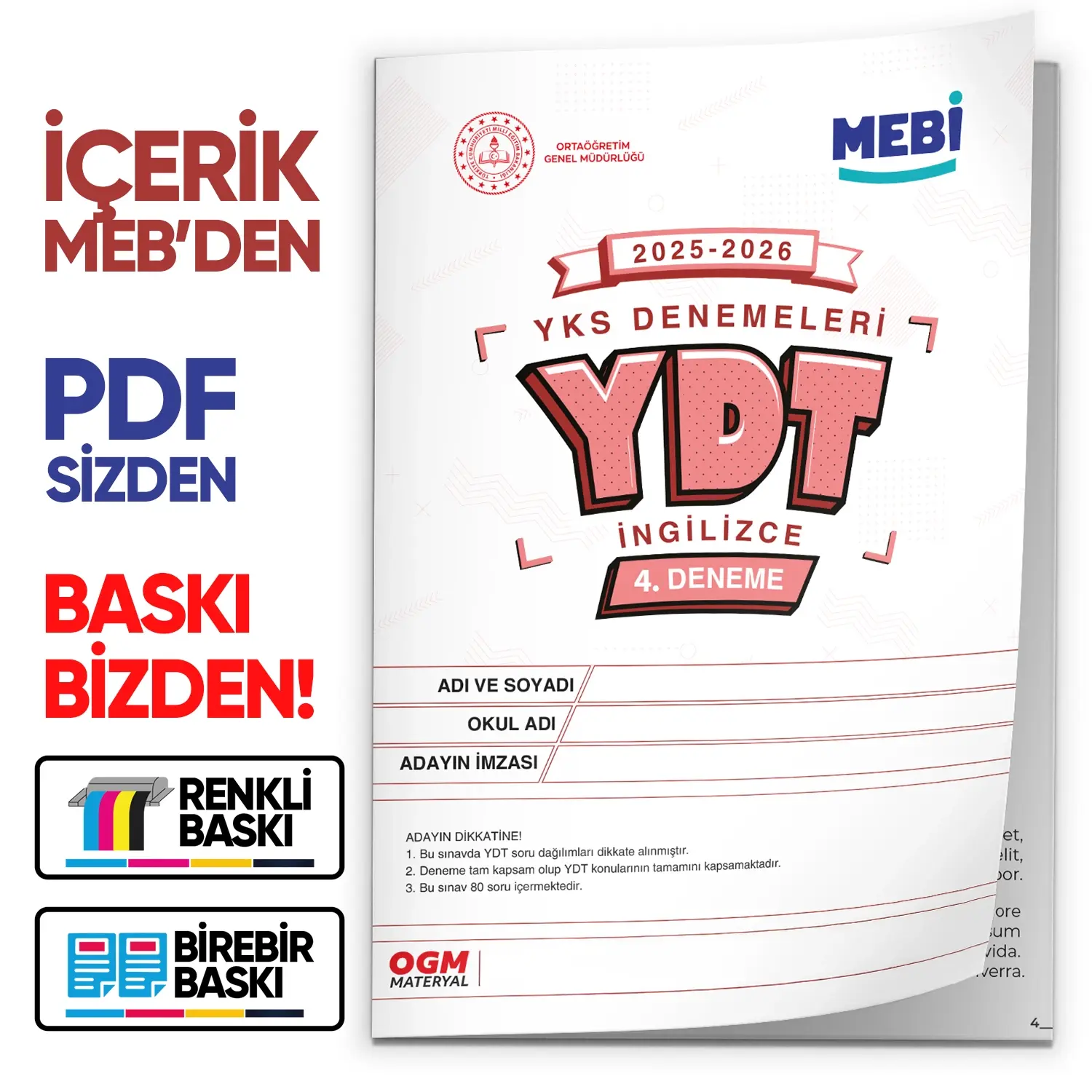2026 ÖSYM YKS-YDT MEBİ OGM  Türkiye Geneli 4. Deneme  Büyük Boy Renkli BASKI ÜCRETİ