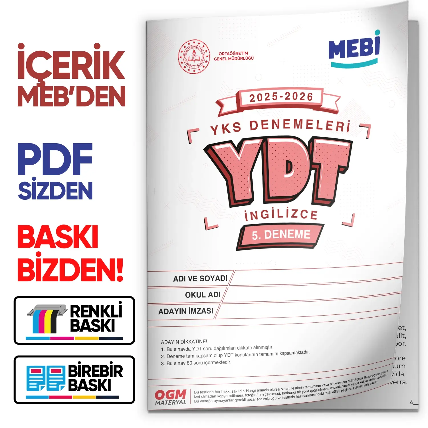 2026 YKS-YDT İNGİLİZCE MEBİ ONLİNE OGM Türkiye Geneli 5. Deneme  Büyük Boy Renkli BASKI ÜCRETİ