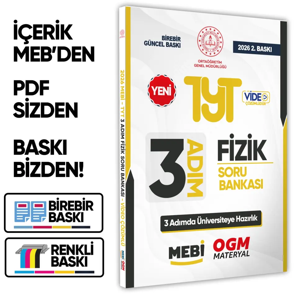 2026 TYT MEBİ-OGM 3 ADIM Fizik Soru Bankası RENKLİ A4 Boyut Video Çözümlü BASKI ÜCRETİ