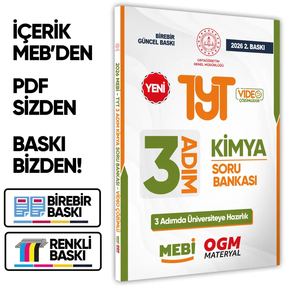 2026 TYT MEBİ-OGM 3 ADIM Kimya Soru Bankası RENKLİ A4 Boyut Video Çözümlü BASKI ÜCRETİ