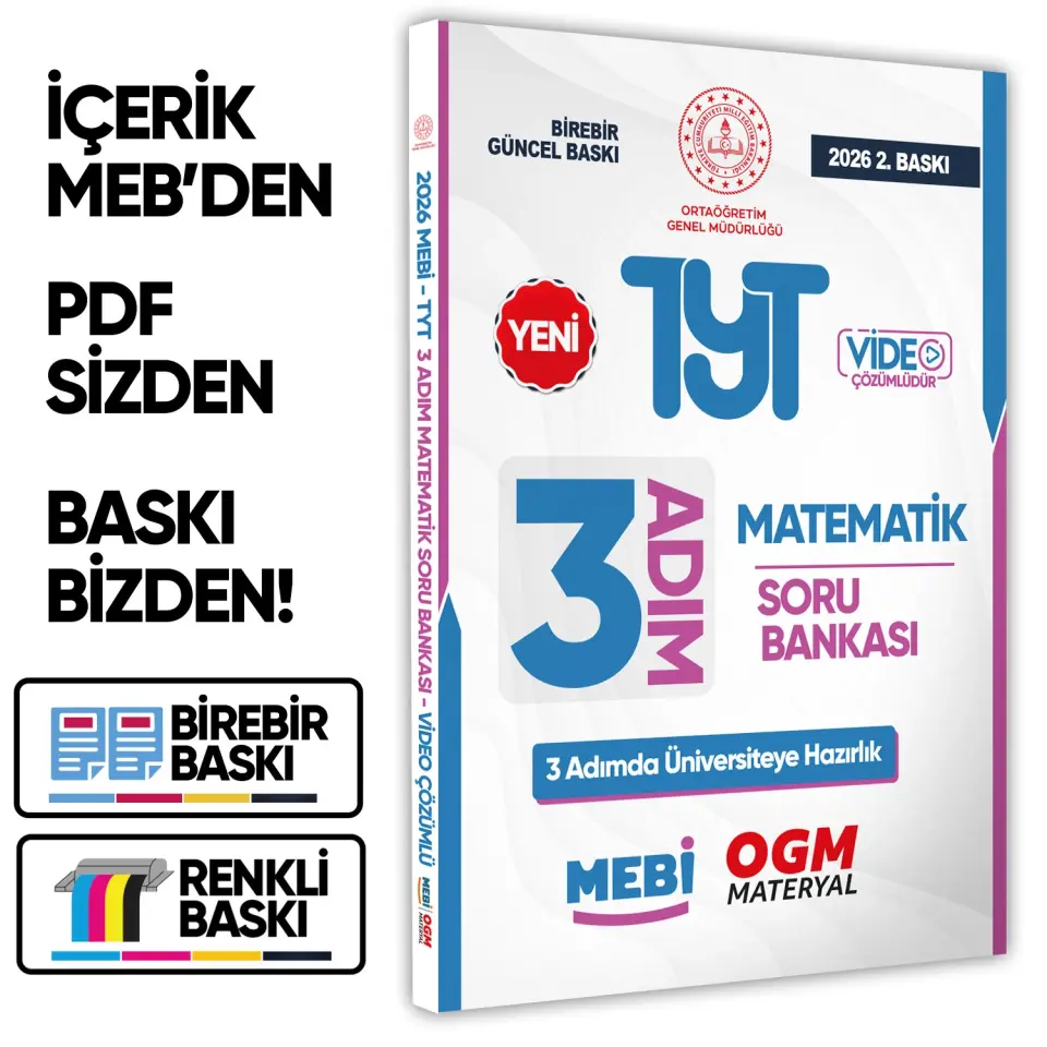 2026 TYT MEBİ-OGM 3 ADIM Matematik Soru Bankası RENKLİ A4 Boyut Video Çözüm BASKI ÜCRETİ
