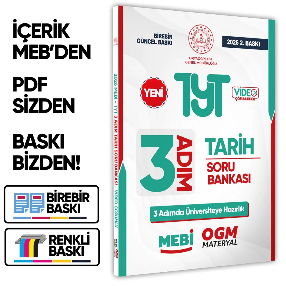 2026 TYT MEBİ-OGM 3 ADIM Tarih Soru Bankası RENKLİ A4 Boyut Video Çözüm BASKI ÜCRETİ