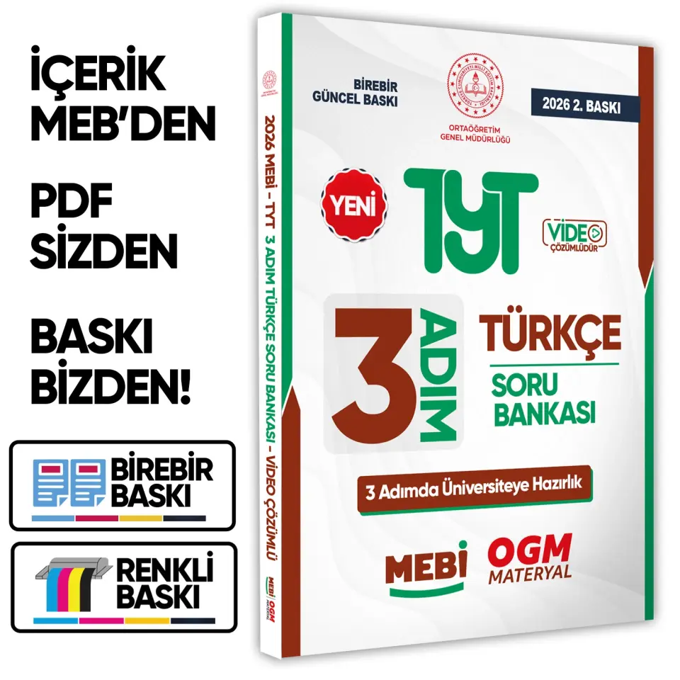 2026 TYT MEBİ-OGM 3 ADIM Türkçe Soru Bankası RENKLİ A4 Boyut Video Çözüm BASKI ÜCRETİ