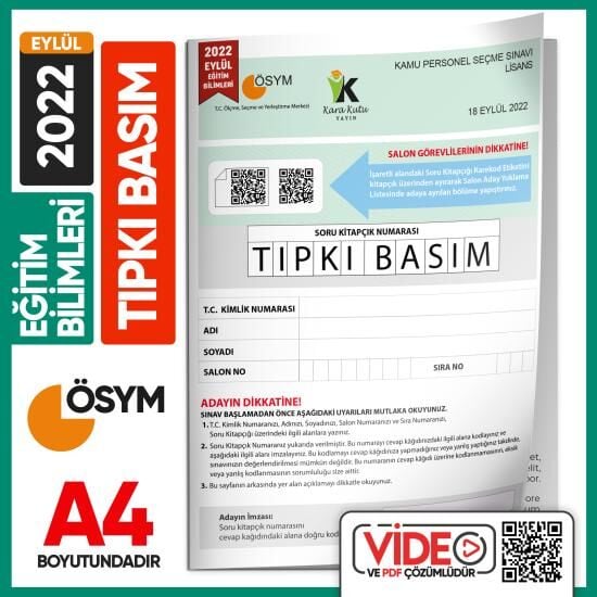 2022 Eylül MEB-AGS Eğitim Bilimleri ÖSYM Tıpkı Basım Çıkmış Soru Deneme Kitapçığı Video/PDF Çözümlü TG