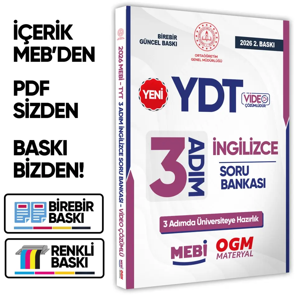 2026 YDT MEBİ-OGM 3 ADIM İngilizce Soru Bankası RENKLİ A4 Boyut Video Çözüm BASKI ÜCRETİ