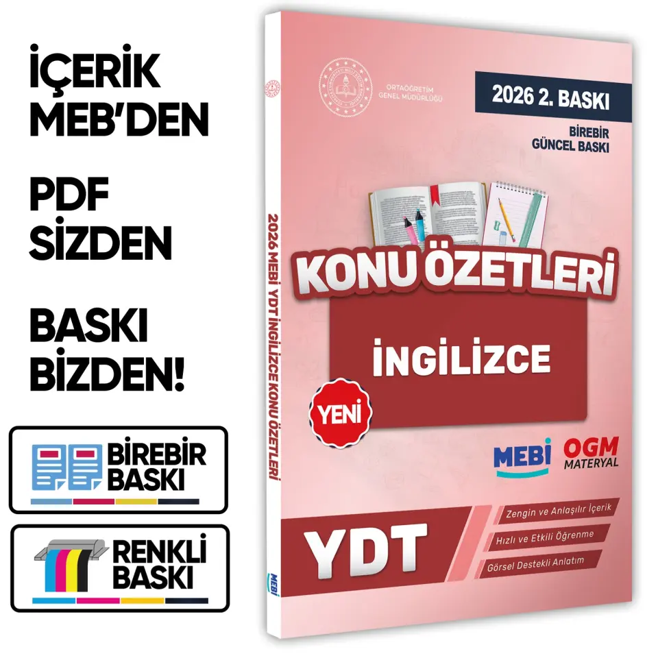 2026 YDT MEBİ-OGM İngilizce Pratik Konu Özet Kitabı RENKLİ A4 Boyut Görsel Destekli BASKI ÜCRETİ