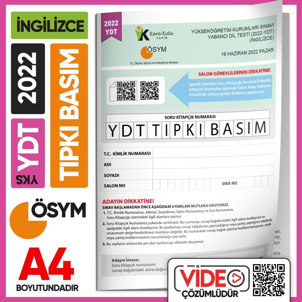 2022 YKS YDT İngilizce ÖSYM Tıpkı Basım Çıkmış Soru Deneme Kitapçığı (Video Çözümlü Türkiye Geneli)