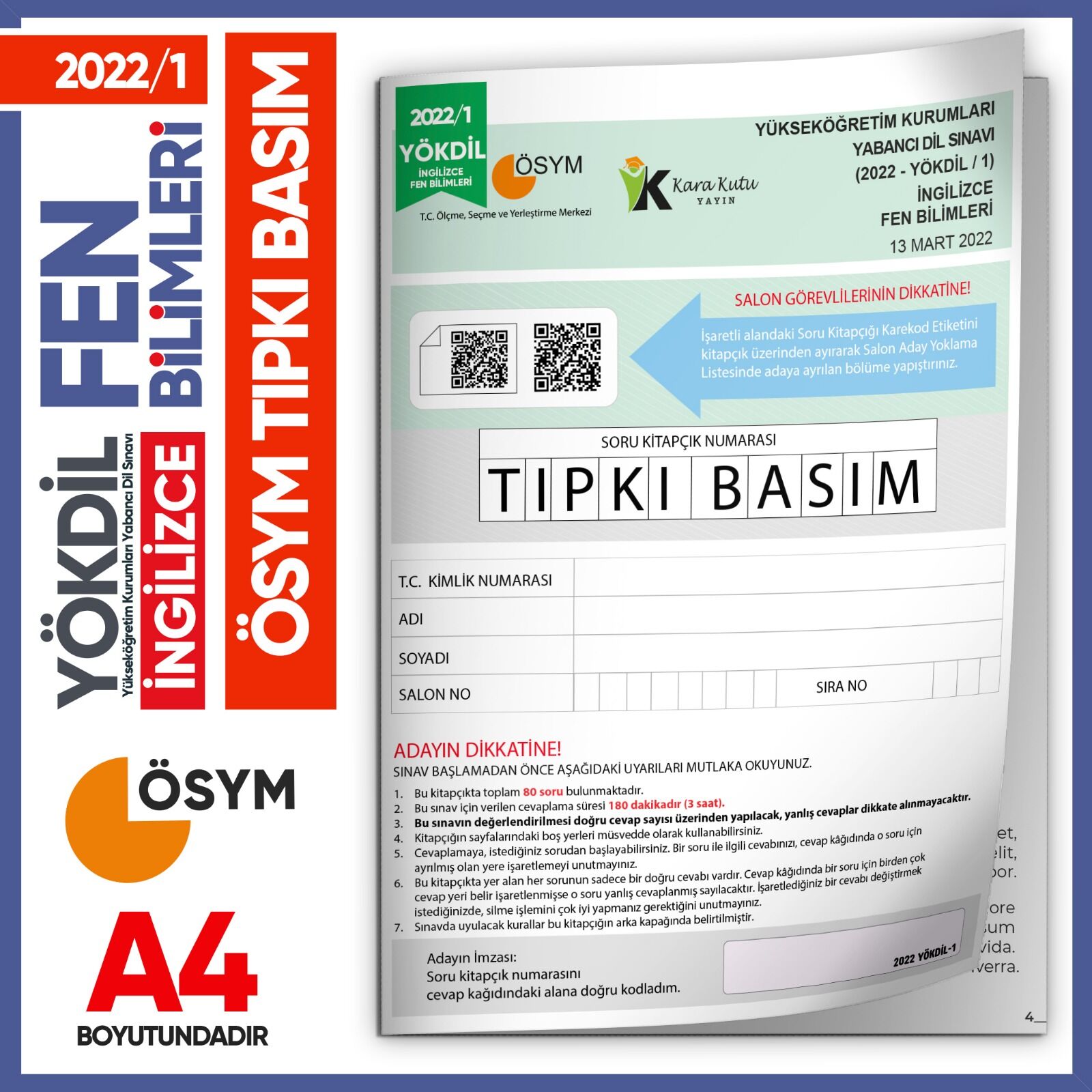 2022/1 YÖKDİL İngilizce FEN BİLİMLERİ ÖSYM Çıkmış Soru Tıpkı Basım Deneme Kitapçığı Türkiye Geneli