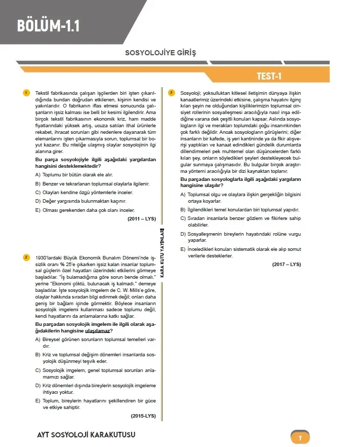 2026 YKS AYT SOSYOLOJİ Kara Kutu ÖSYM Çıkmış Soru Havuzu Bankası Dijital Çözümlü