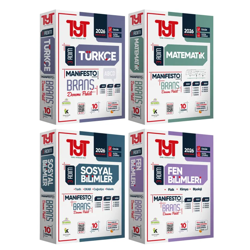 2026 YKS TYT TÜRKÇE-MATEMATİK-SOSYAL-FEN BİLİMLERİ 3 Adım 4lü Manifesto 40 Adet Branş Deneme Seti