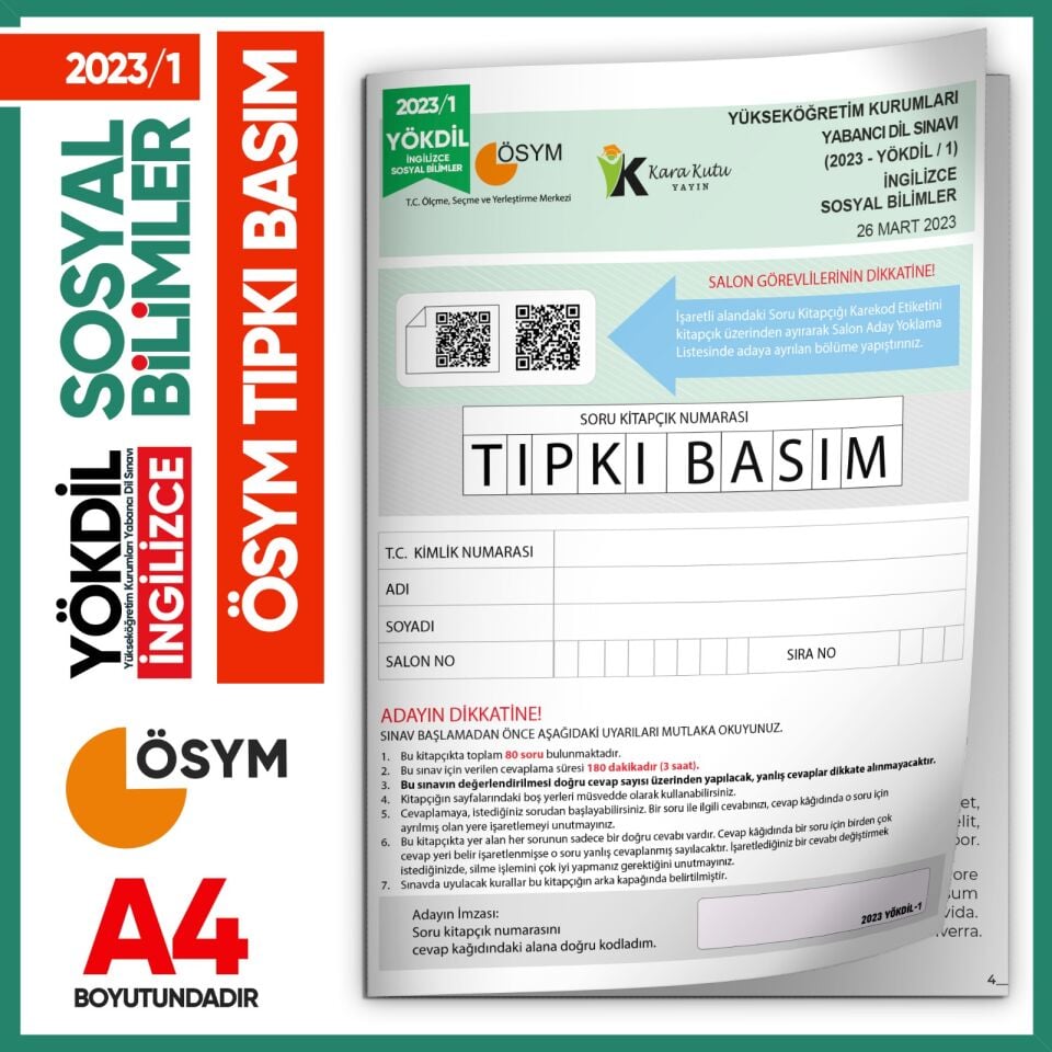 2023/1 YÖKDİL İngilizce SOSYAL BİLİMLER ÖSYM Çıkmış Soru Tıpkı Basım Deneme Kitapçığı Türkiye Geneli