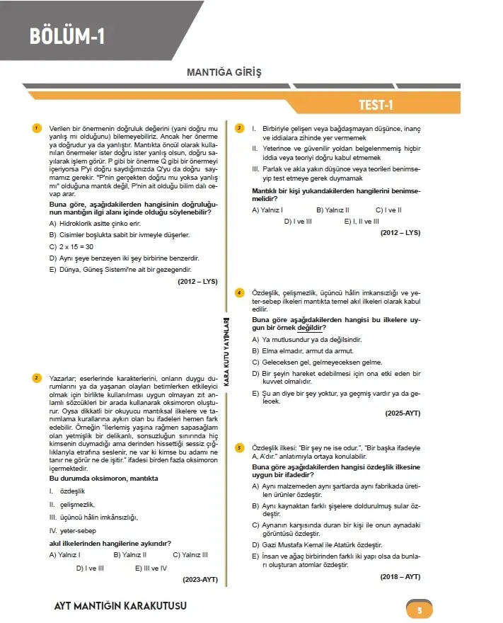 2026 YKS-AYT MANTIK Kara Kutu ÖSYM Çıkmış Soru Havuzu Bankası Dijital Çözümlü