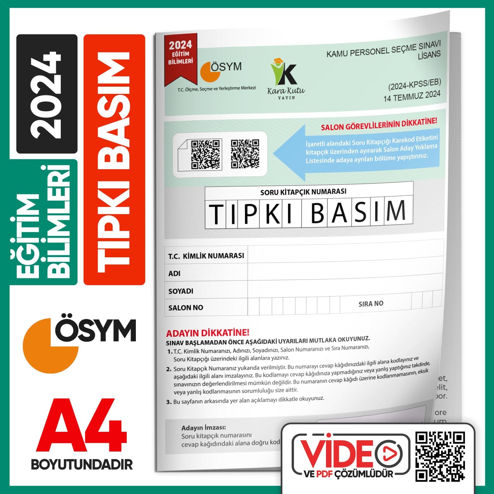 2024 MEB-AGS Eğitim Bilimleri ÖSYM Tıpkı Basım Çıkmış Soru Kitapçığı Video/PDF Çözümlü Türkiye Geneli