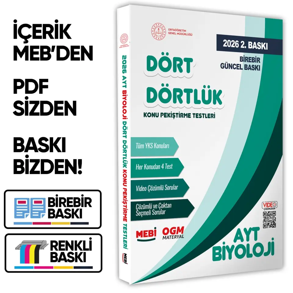 2026 YKS-AYT MEBİ-OGM Dört Dörtlük Biyoloji Pekiştirme Testi A4 Renkli Soru Bankası BASKI ÜCRETİ