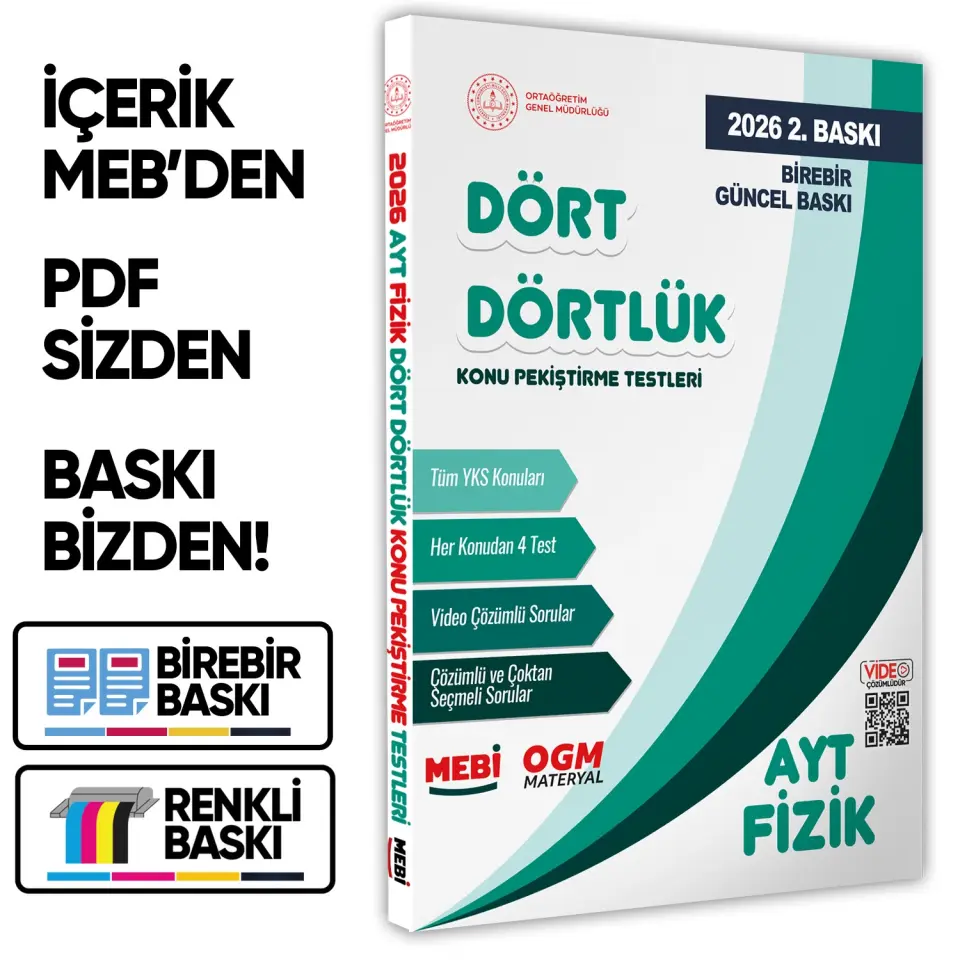 2026 YKS-AYT MEBİ-OGM Dört Dörtlük Fizik Pekiştirme Testi A4 Renkli Soru Bankası BASKI ÜCRETİ